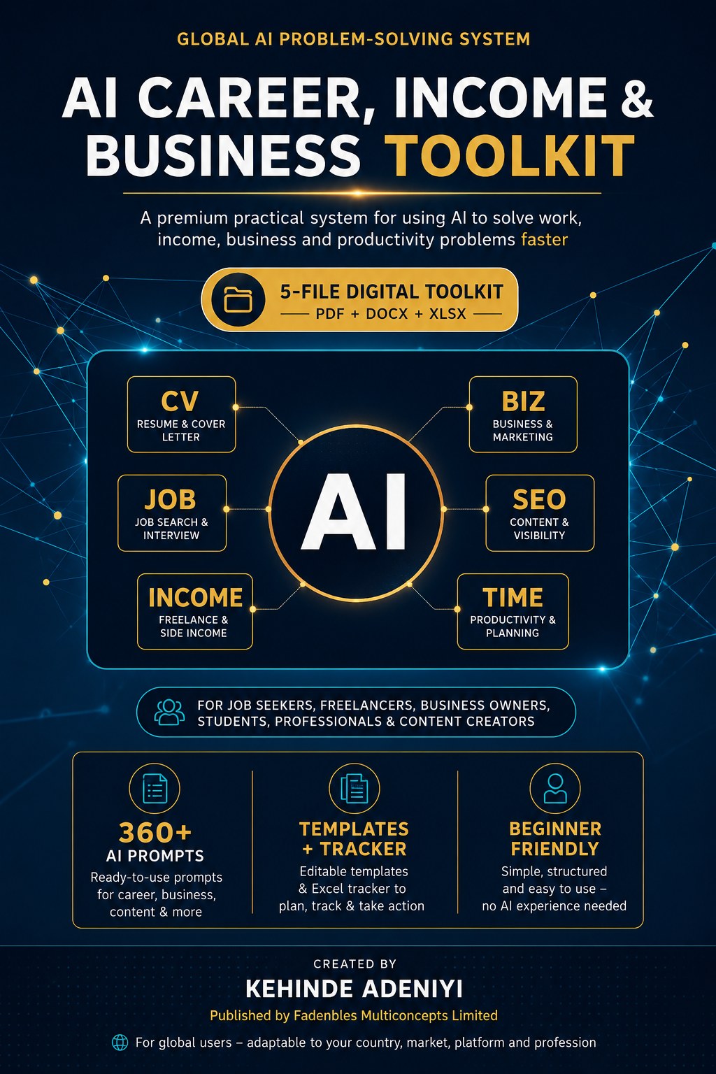 AI Career, Income and Business Toolkit cover with 360 plus AI prompts, templates, tracker and beginner-friendly tools